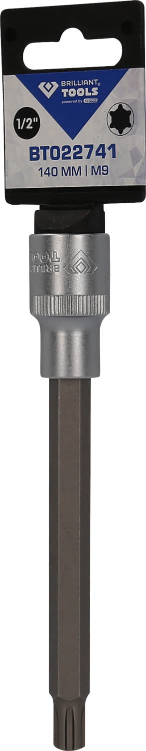 1/2 Zoll Steckschlüsseleinsatz mit 140 mm Länge und M9 Sternprofil. Verpackung von Brilliant Tools.