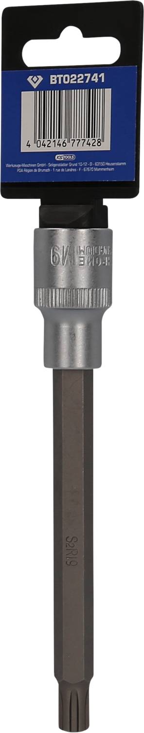 Steckaufsatz Werkzeug mit Metallkopf und blauem Etikett, darauf die Nummer 'BT022741' und ein Barcode. Geeignet für handwerkliche Arbeiten.