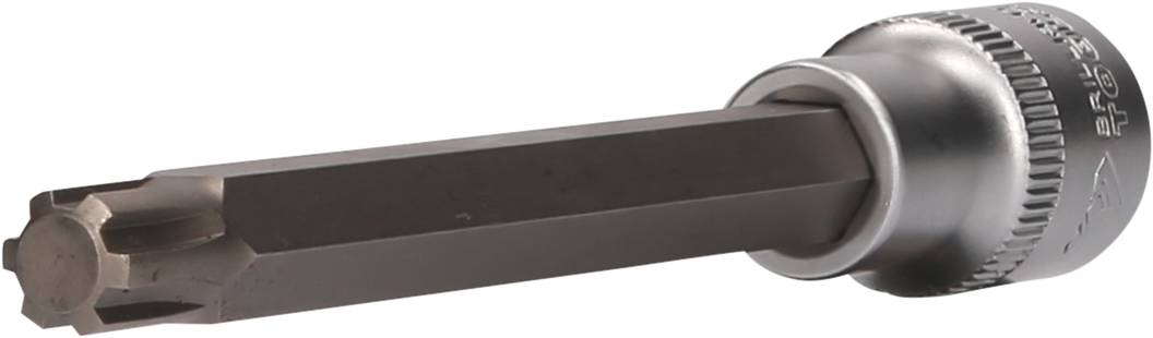 Ein sechskantiges, metallisches Werkzeug mit einem Schraubbiteinsatz und einer geriffelten Aufnahme für den Einsatz in einem Schraubendreher.
