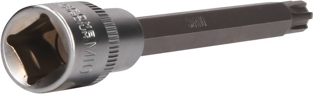 Ein Metall-Bitaufsatz mit sechseckigem Schaft und sternförmigem Kopf, oft verwendet für mechanische oder technische Arbeiten.