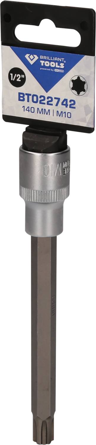 'Brilliant Tools Bit Nuss' 140 mm lang, 1/2 Zoll Antrieb, M10 Größe, in einer Produktverpackung mit blauem Etikett.