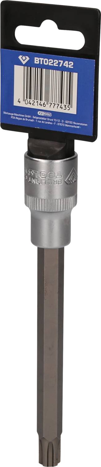 Ein Bitaufsatz mit einer silbernen Sechskantform und einem blauen Etikett mit Zahlen. Hauptsächlich für Schraubarbeiten geeignet.