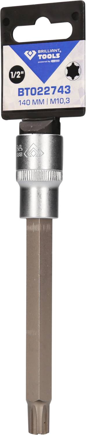 'Brilliant Tools BT022743' Torx-Bit, Länge 140 mm, Anschluss 1/2 Zoll, Größe M10, grau-silber, rechteckige Verpackung mit Logo oben.