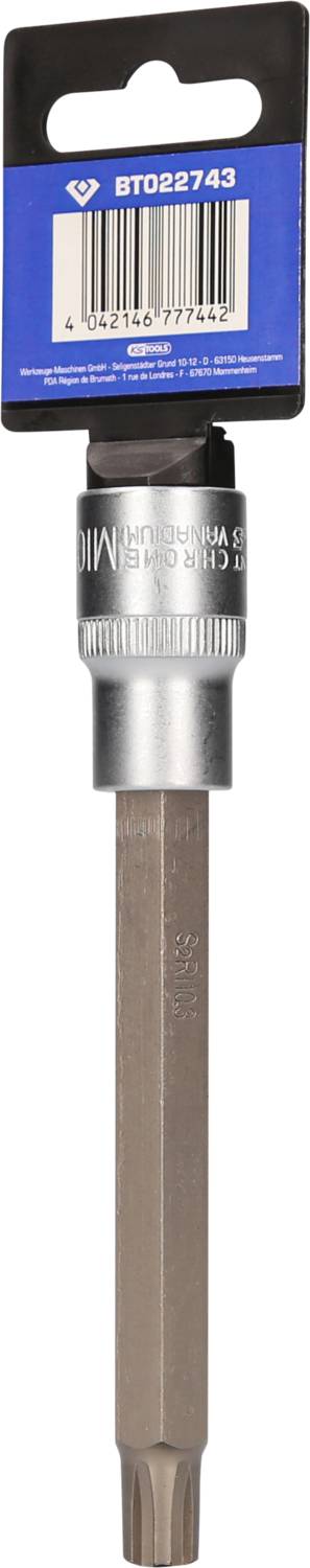 Torx-Bit mit silberner und grauer Farbe, Produktnummer BT022743. Verpackt in einem blauen Halter mit Barcode oben.