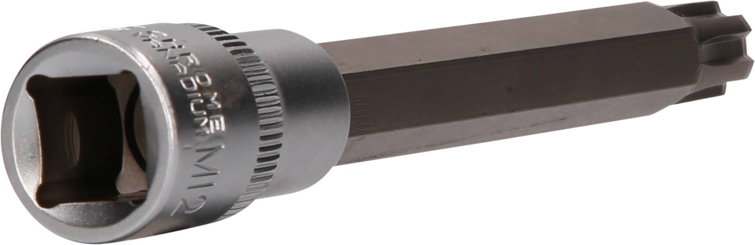 Ein Torx-Schraubendreheraufsatz mit silbernem Griff und sechseckigem Schaft liegt auf einer weißen Oberfläche.