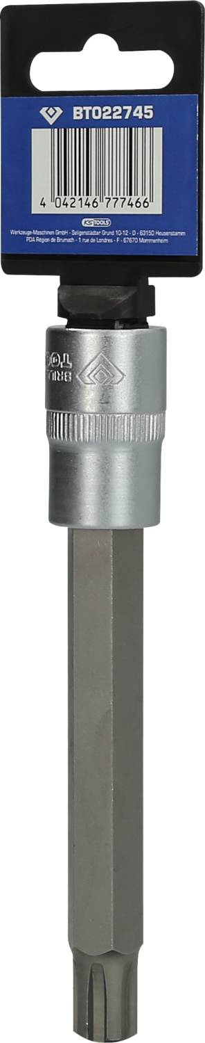 Schrauberbit mit T20 Torx-Bit und SDS-Aufnahme auf weißem Hintergrund. Verpackung mit Barcode und Produktnummer sichtbar oben.