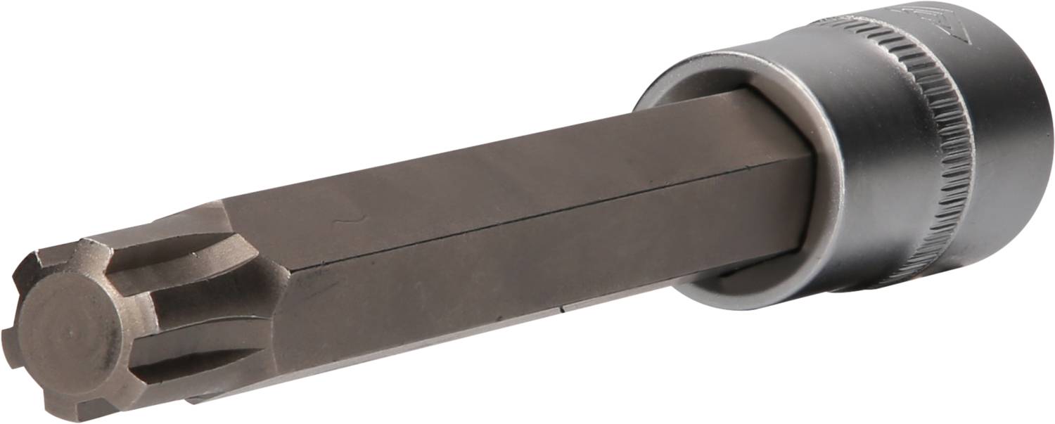 Ein Vierkant-Drehmomentschlüsselaufsatz mit gleichmäßig verteilten Zähnen am Kopf und griffigem Griff aus Metall.