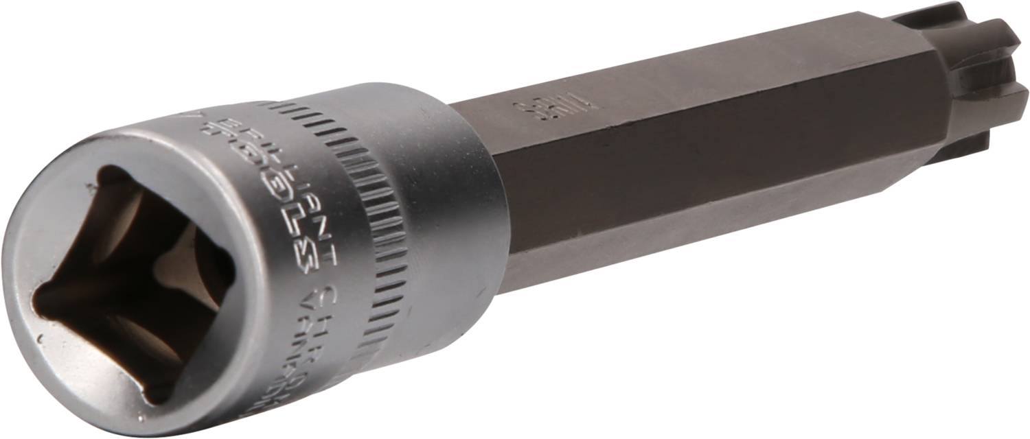 Ein silberner Steckschlüsselaufsatz für Bremssättel mit quadratischer Öffnung, hauptsächlich zur Wartung von Fahrzeugbremsen verwendet.