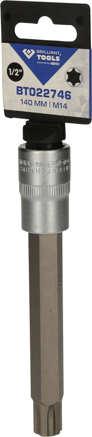 Stecknuss-Verlängerung mit 1/2-Zoll-Anschluss von Brilliant Tools, Länge 140 mm, M14-Größe, auf einem Produktanhänger dargestellt.