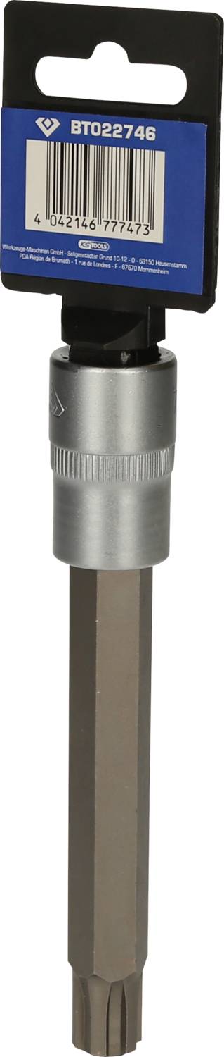 Ein silber- und metallfarbenes Werkzeug mit einem blauen Etikett, auf dem 'BT022746' steht. Es hat einen langen Griff mit geriffeltem Ende.