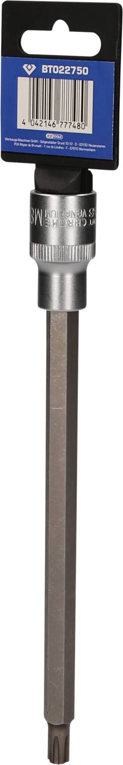 Schraubendrehereinsatz mit langem Schaft und Torx-Spitze, befestigt an einer blauen Verpackungskarte, geeignet für spezifische Schrauben.