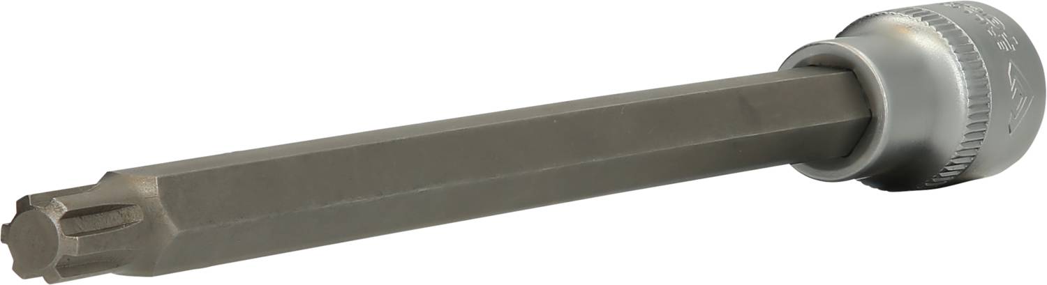 Ein langer Schraubendrehereinsatz mit sechskantigem Schaft und Torx-Kopf, montiert auf einer Steckhülse, für den Einsatz mit Werkzeugen.
