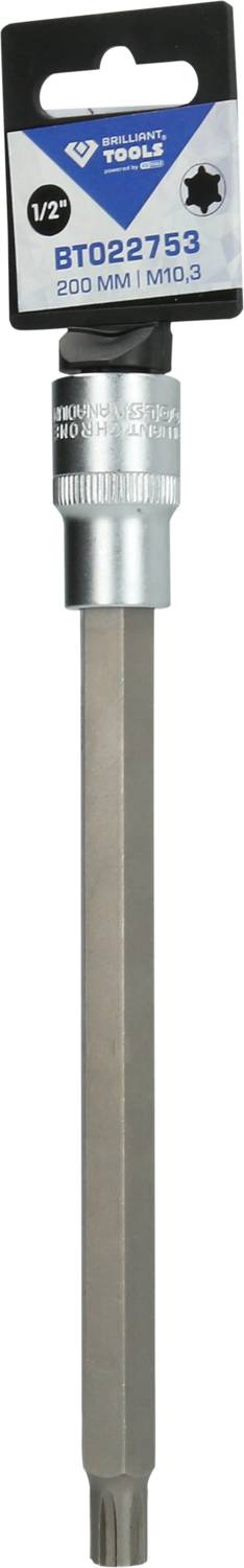 Ein silberner Werkzeugaufsatz mit der Aufschrift '200mm T40'. Verpackt unter einer blauen Karte mit einer Marke und der Nummer 'BT022753'.