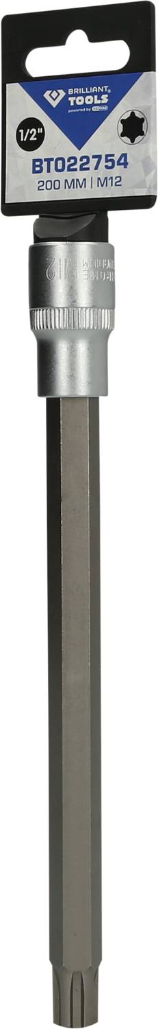 Grauer Bohrer mit Sechskantaufnahme und silbernem Kopf. Etikett zeigt 'VTools', 'BT022754', '200 mm', 'TX2'. Geeignet zum Schrauben.