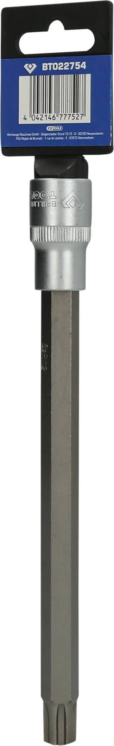 Ein langes, silbernes Bohrer-Bit mit T20-Torx-Kopf und Metallgehäuse, verpackt auf einer blauen Karte mit Produktnummer und Logo.