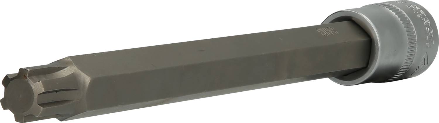 Ein silberfarbener Schraubaufsatz mit sechseckigem Schaft und sternförmigem Einsatzende, verwendet für Schraubarbeiten.