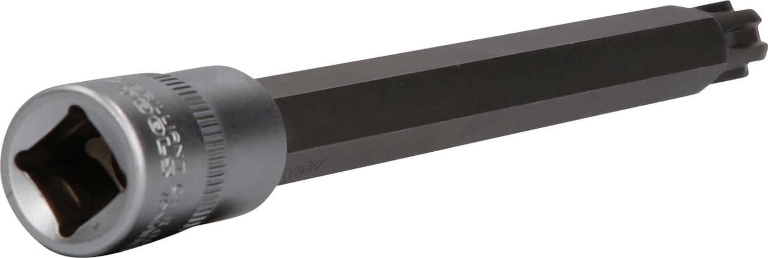 Ein langer Steckschlüsseleinsatz aus Metall mit sechskantigem Schaft und verstellbarem Ende. Werkzeug zur Befestigung oder Lösung von Muttern.