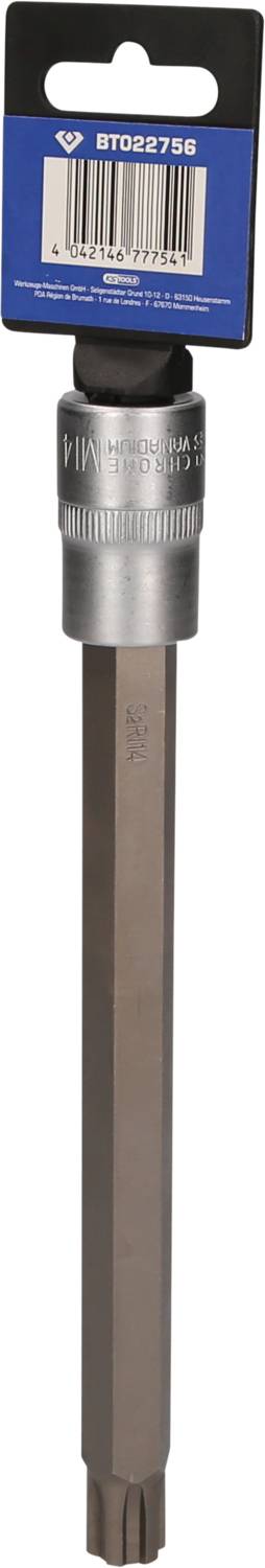 Langer Sechskantaufsatz mit silberner Halterung und blauer Verpackung mit Strichcode. Werkzeug zur Befestigung oder Handhabung von Schrauben.