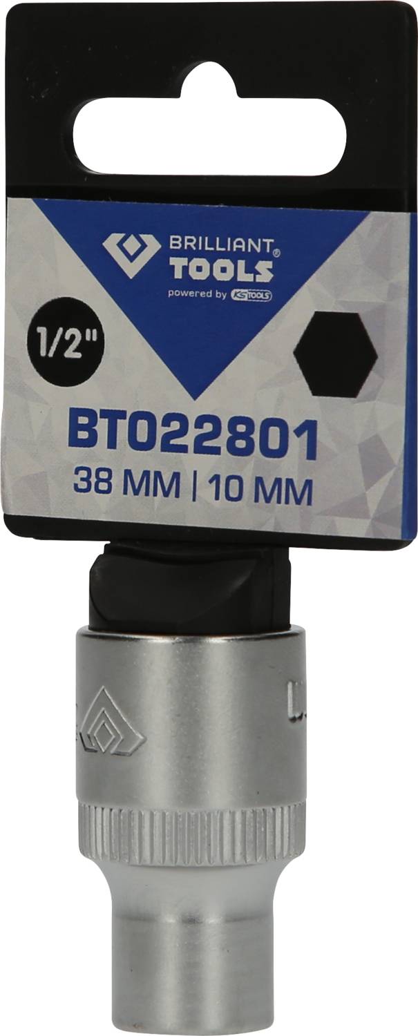 'Brilliant Tools' Steckschlüssel, 1/2 Zoll Antrieb, Modellnummer BT022801, Größe: 38 mm x 10 mm. In blauem und silberfarbenem Design.