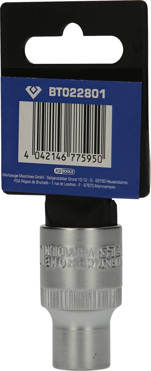 Silberne Sechskant-Schraubendreher-Bit mit blauer Verpackung, Produktnummer BT022801, und Barcode auf Papieretikett.