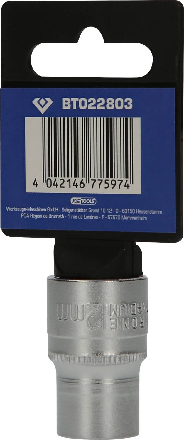 'BT022803' Steckschlüssel mit Barcode auf einer blauen Halterung.