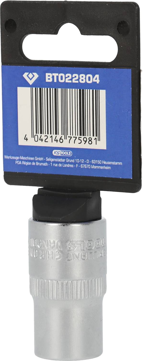 Metallisches Werkzeug mit blauem Etikett 'BTO22804'. Enthält Barcode und Herstellungsdetails. Verwendet für spezialisierte Anwendungen.