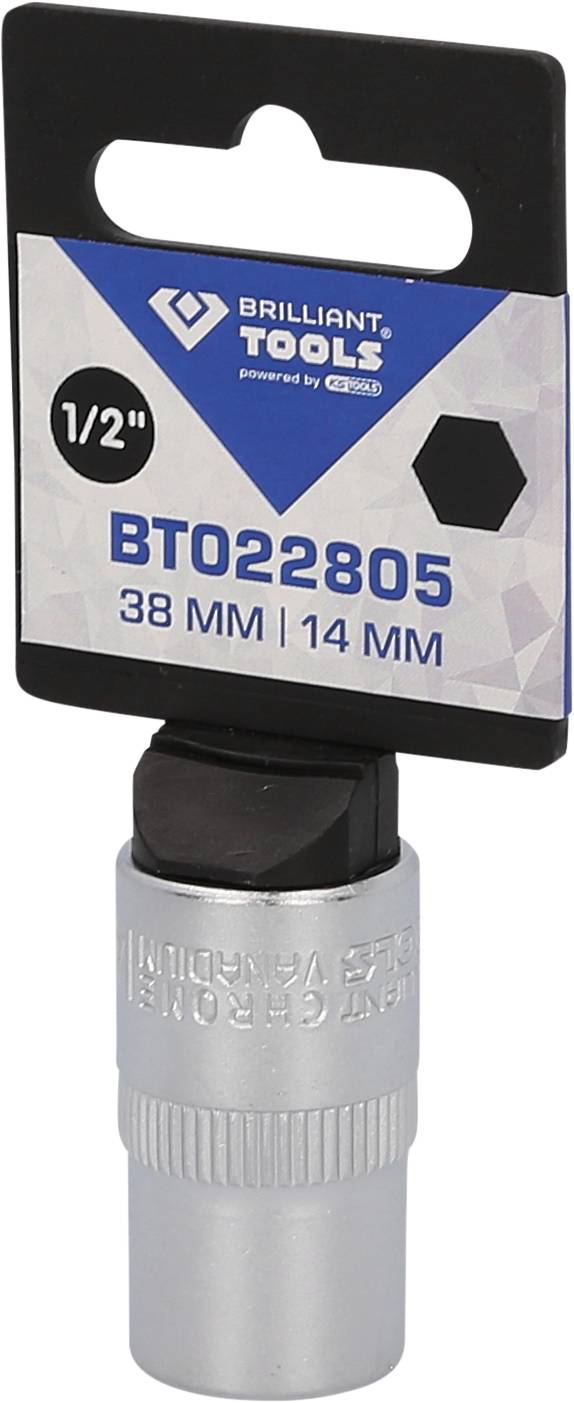 Stecknuss mit Aufhängung von Brilliant Tools, Größe '1/2', 38 mm, 14 mm, silberfarben.