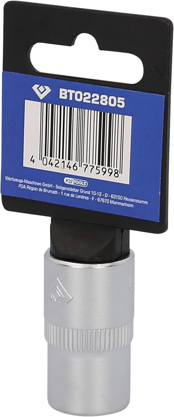 Eine silberne Verlängerung mit blauem Etikett und Barcode, Artikelnummer BT022805, des Herstellers Verlängerungs-Modulrom GmbH.