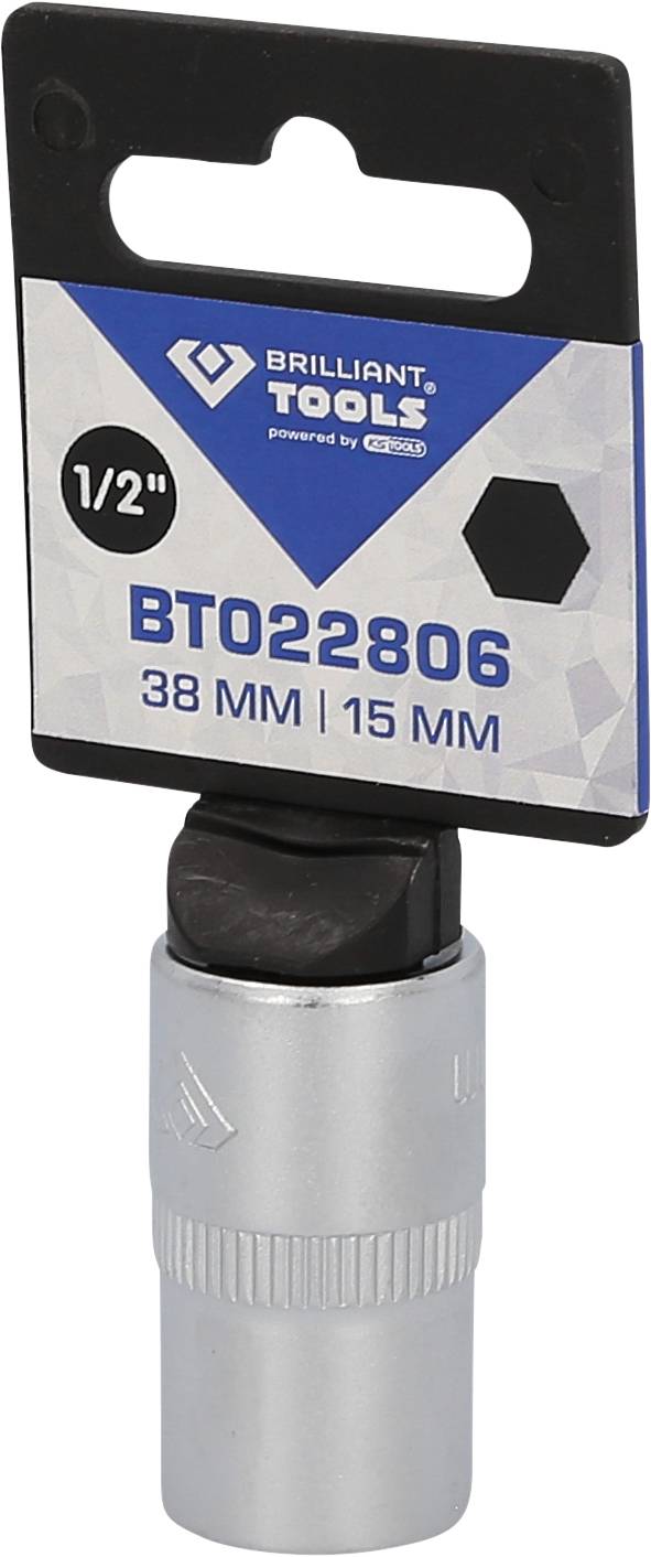 Steckschlüssel mit 1/2 Zoll Antrieb. Modellnummer BT022806. Größenangaben: 38 mm und 15 mm. Verpackung mit Logo 'Brilliant Tools'.