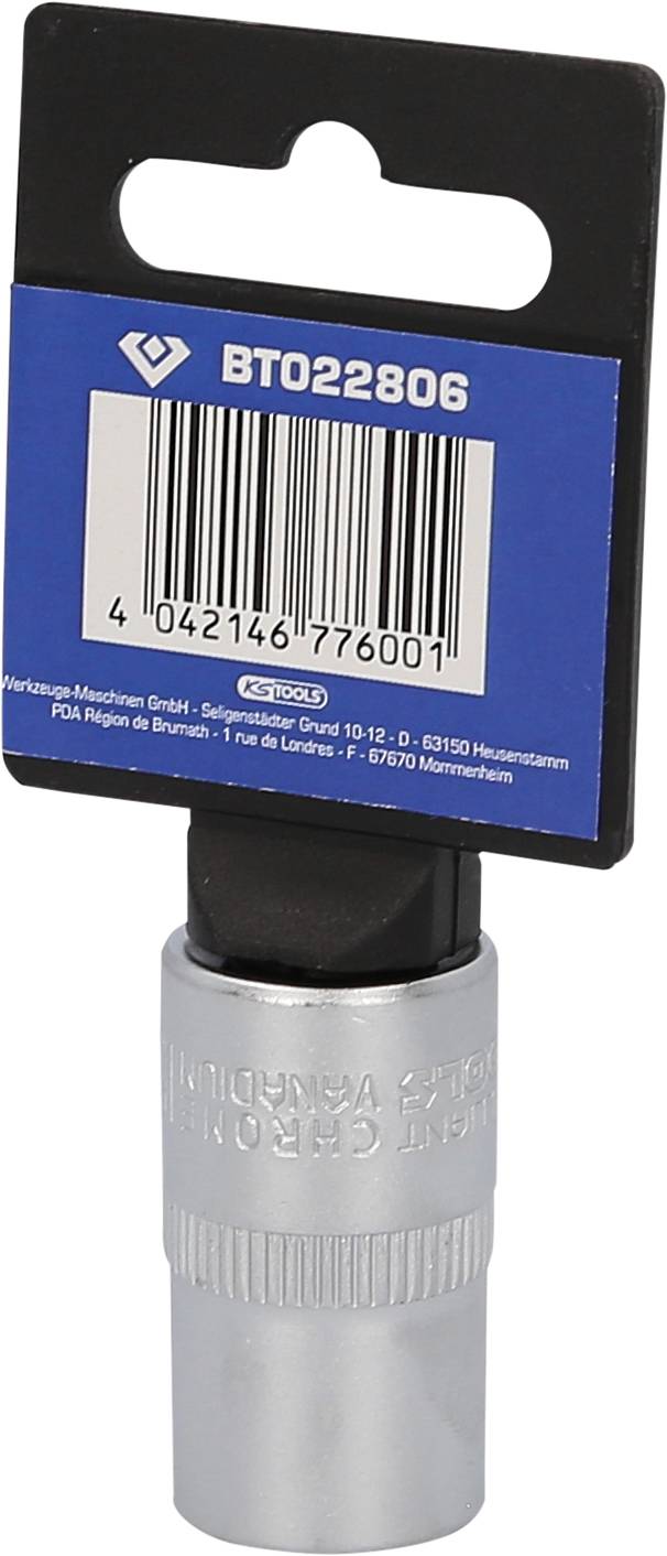Produktabbildung einer Stecknuss mit blauem Etikett und Barcode, Artikelnummer BT022806.