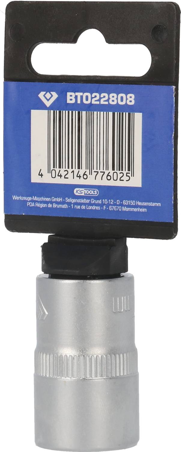 'Silverne Steckschlüssel-Bit in Verpackung mit blauer Karteikarte, Barcode und Aufschrift 