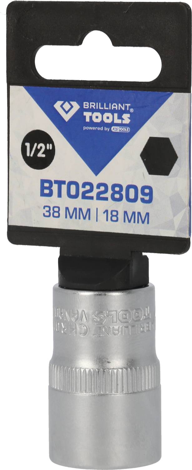 'Brilliant Tools' Steckschlüssel, 1/2 Zoll Antrieb, Modell 'BT022809', Größe 38 mm/18 mm, sechseckig, in Verpackung.