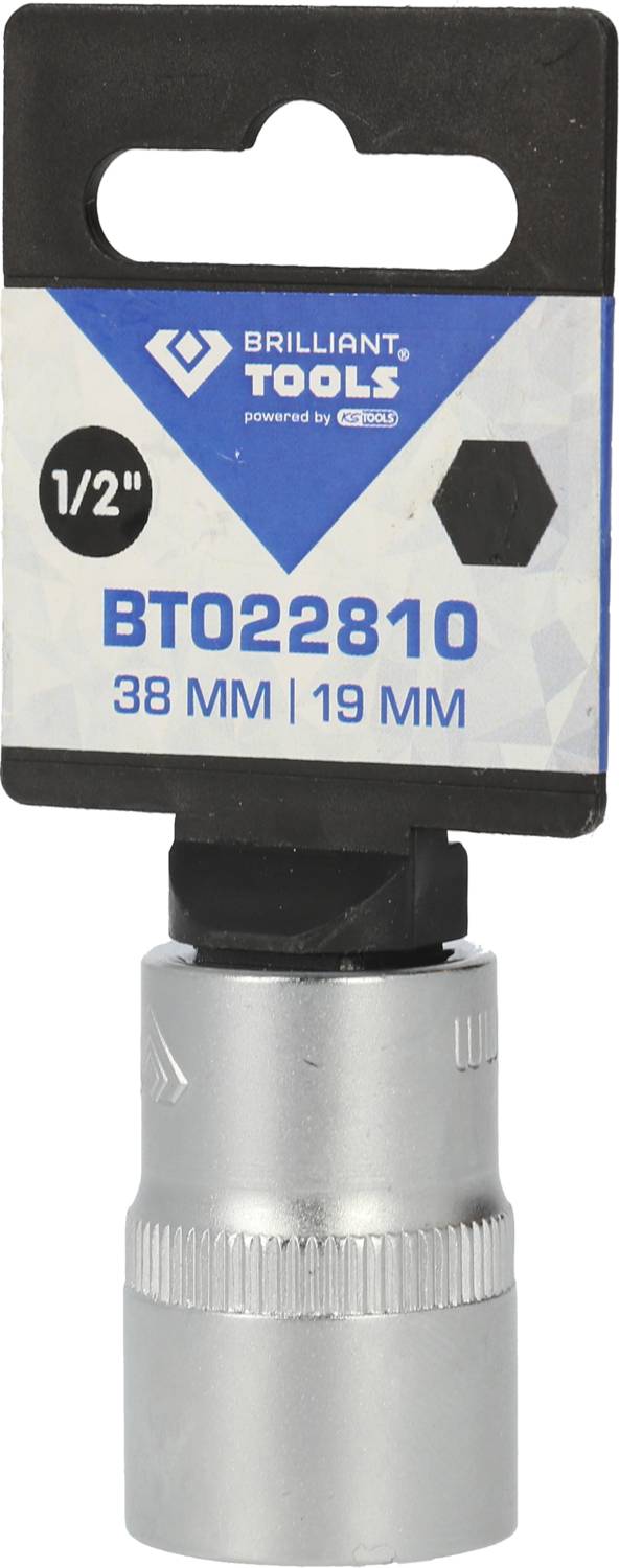 'Brilliant Tools' Stecknuss für 1/2 Zoll-Antrieb, Größe 38 MM und 19 MM, sechseckig, mit Etikett und blauem Farbdetail.