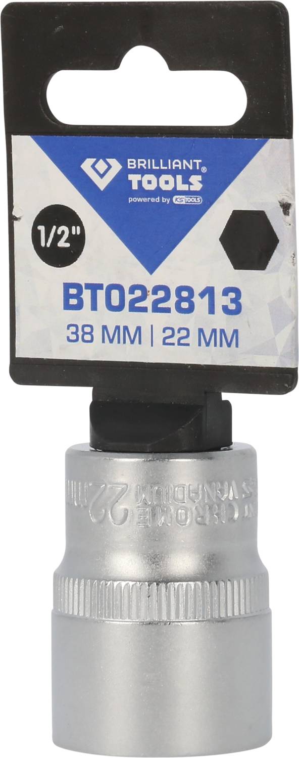 Stecknuss mit 1/2 Zoll-Aufnahme, 38 mm Außen-Sechskant und 22 mm Innen-Sechskant von Brilliant Tools, Produktnummer BT022813.