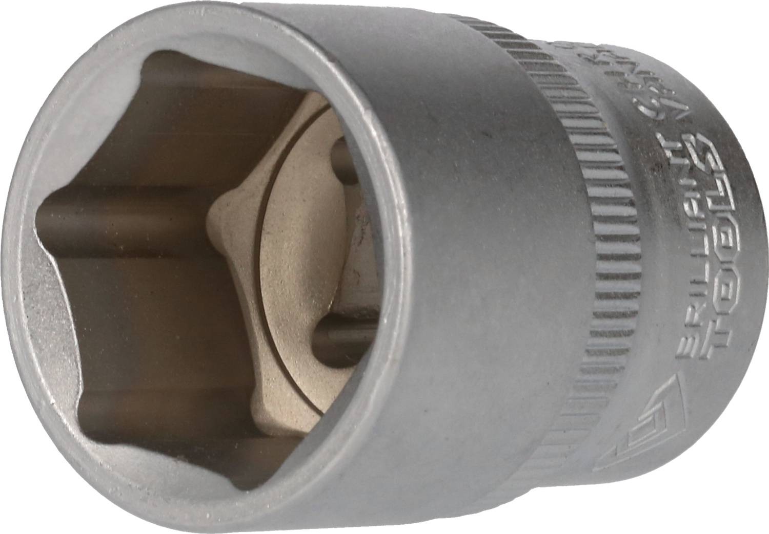 Metallene Stecknuss mit sechskantiger Öffnung, seitlich das Logo und der Schriftzug 'Brilliant Tools'.