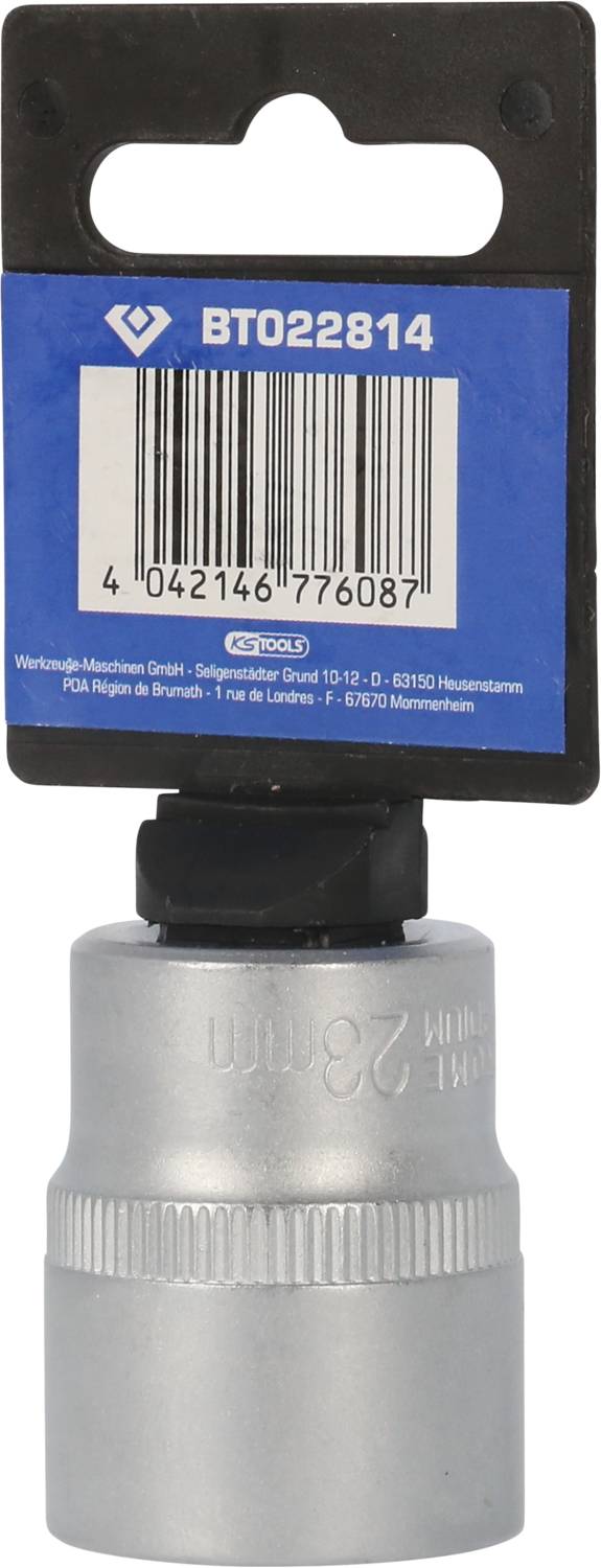 Metall-Steckschlüssel mit blauem Aufhänger und Barcode oben; Produktnummer 'BT022814'. Geeignet zum Anziehen von Muttern.