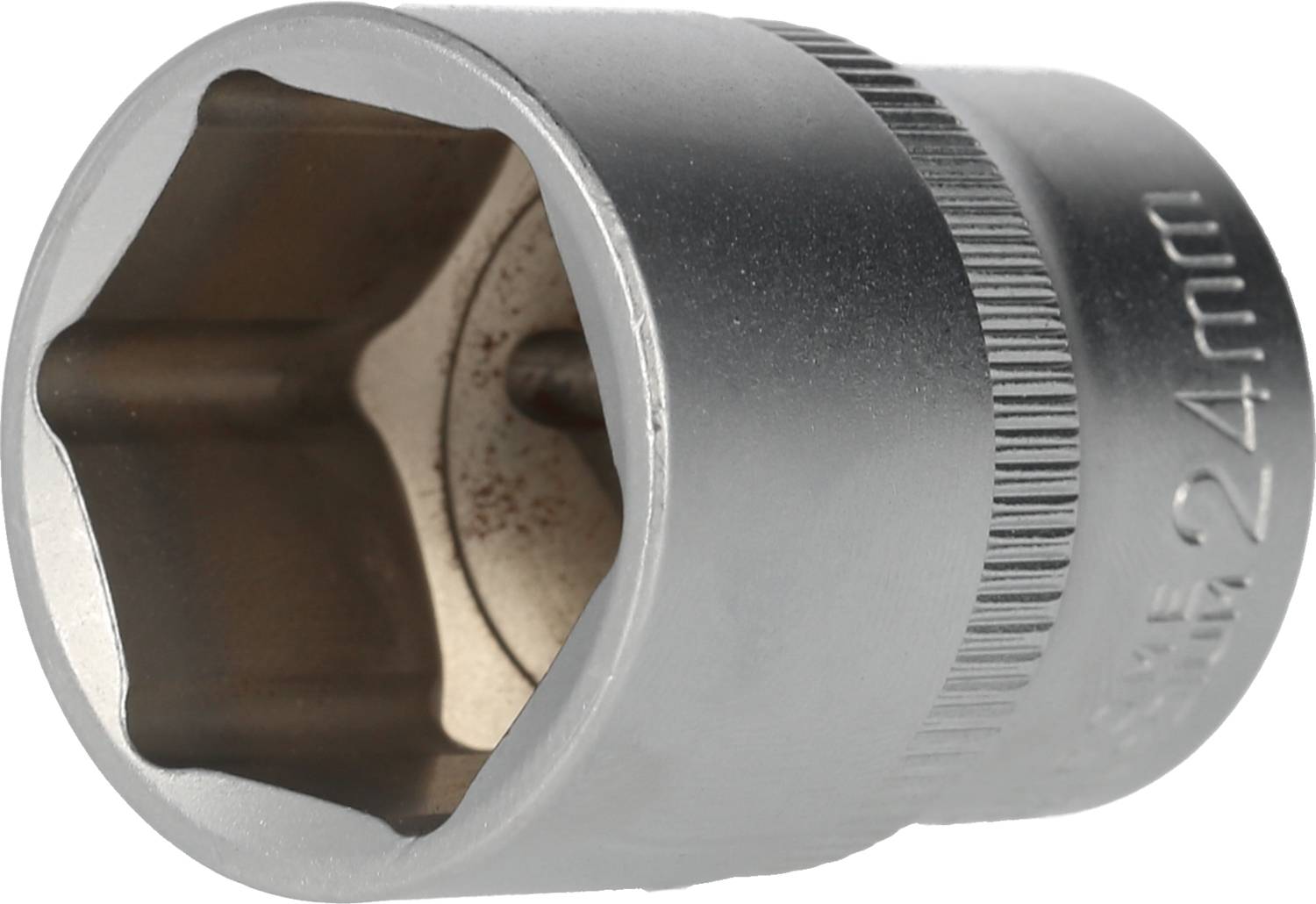 Eine silberne Stecknuss mit einer 24 mm Markierung, verwendet für die mechanische Befestigung und das Lösen von Schrauben.