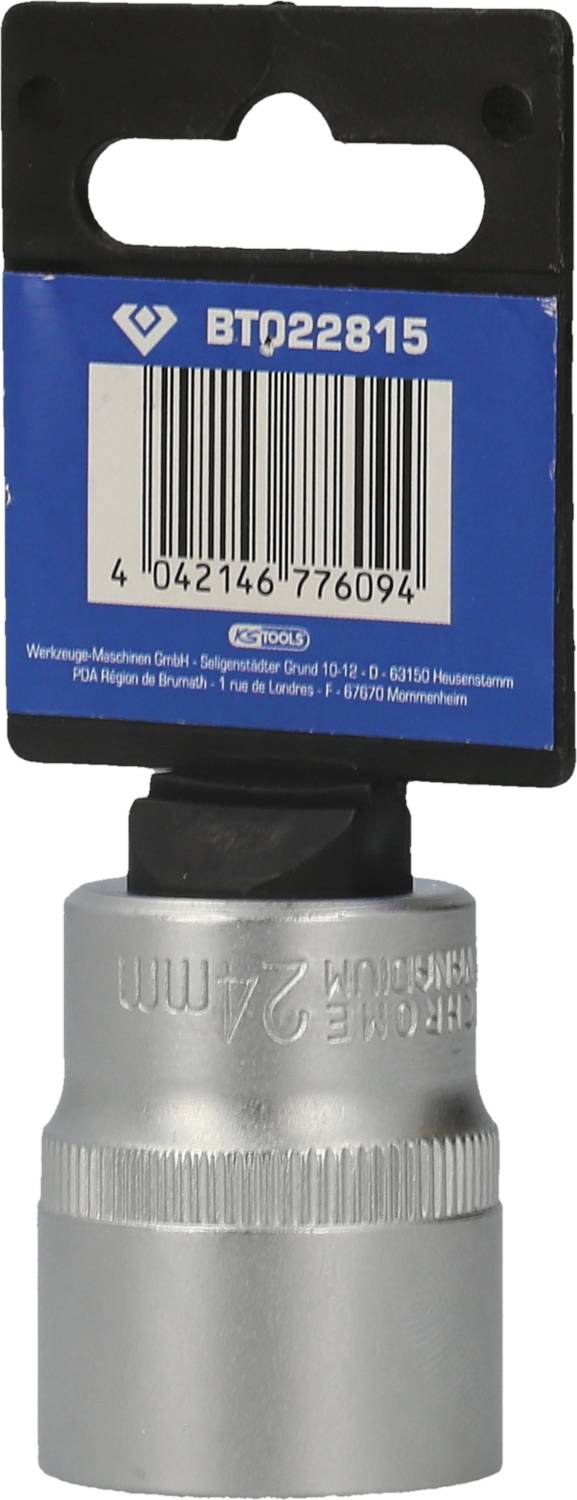 Eine silberne Stecknuss mit der Aufschrift '27 mm' auf schwarzem Halter mit blauem Etikett oben.