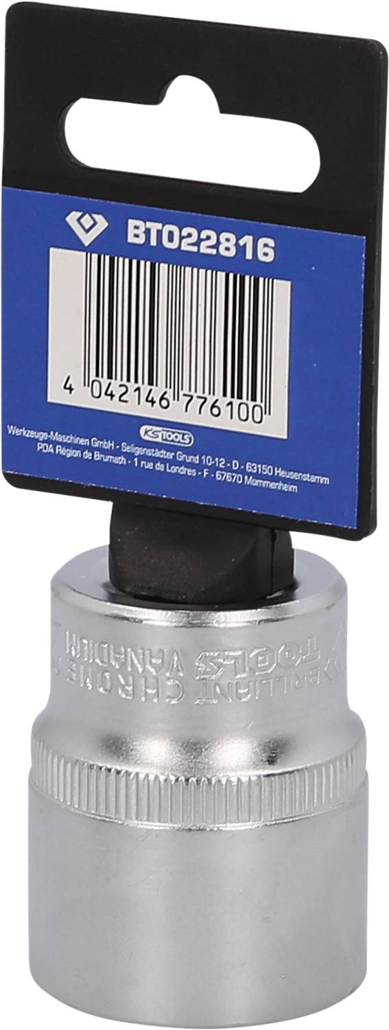 Steckschlüssel mit Etikett 'BT022816' auf blauem Hintergrund, Barcode sichtbar. Markenname eingraviert. Geeignet für Werkzeugeinsatz.