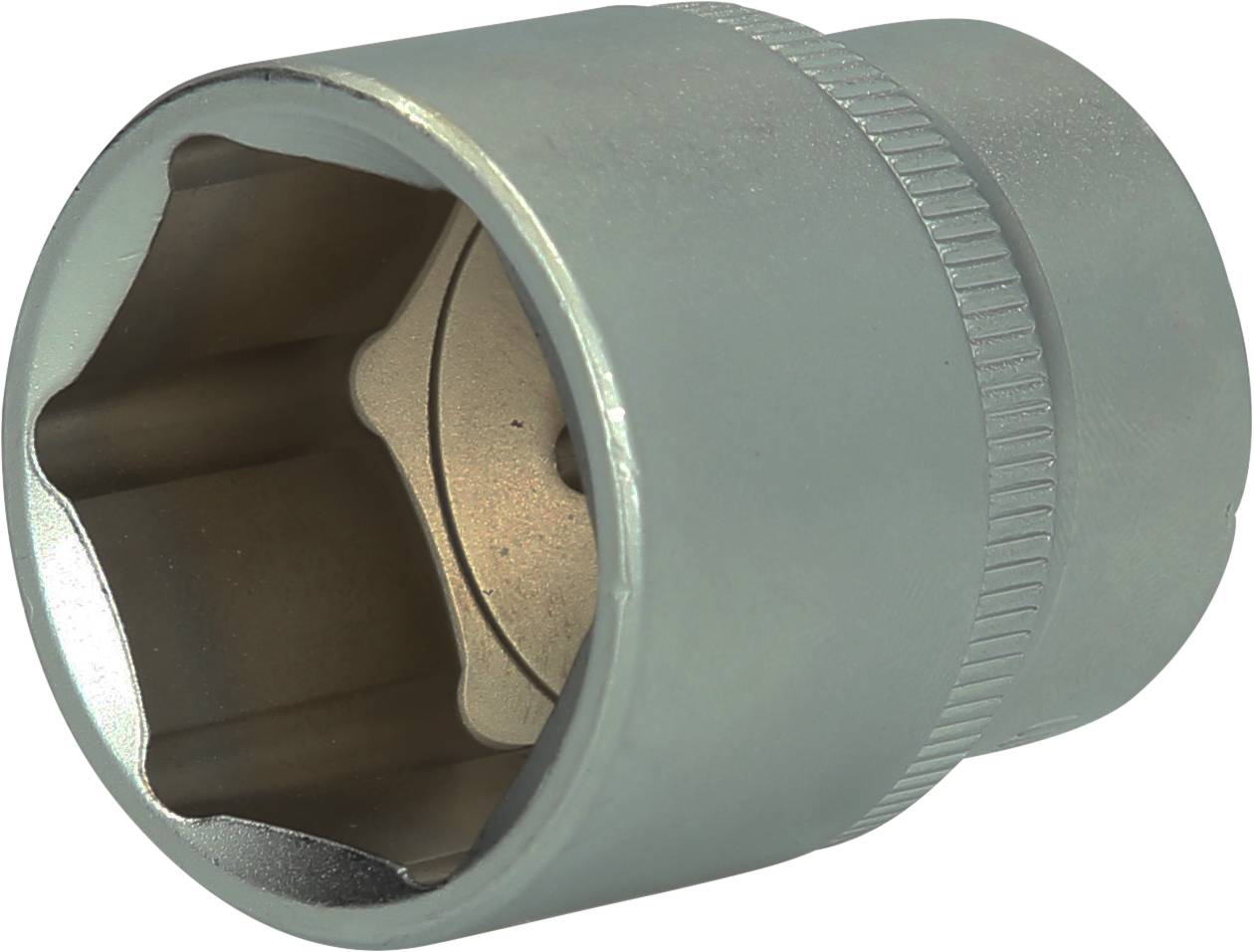 Metallische Steckschlüsselaufnahme, zylindrisch, mit sechseckiger Öffnung für Muttern oder Schrauben, isolierter Griff.