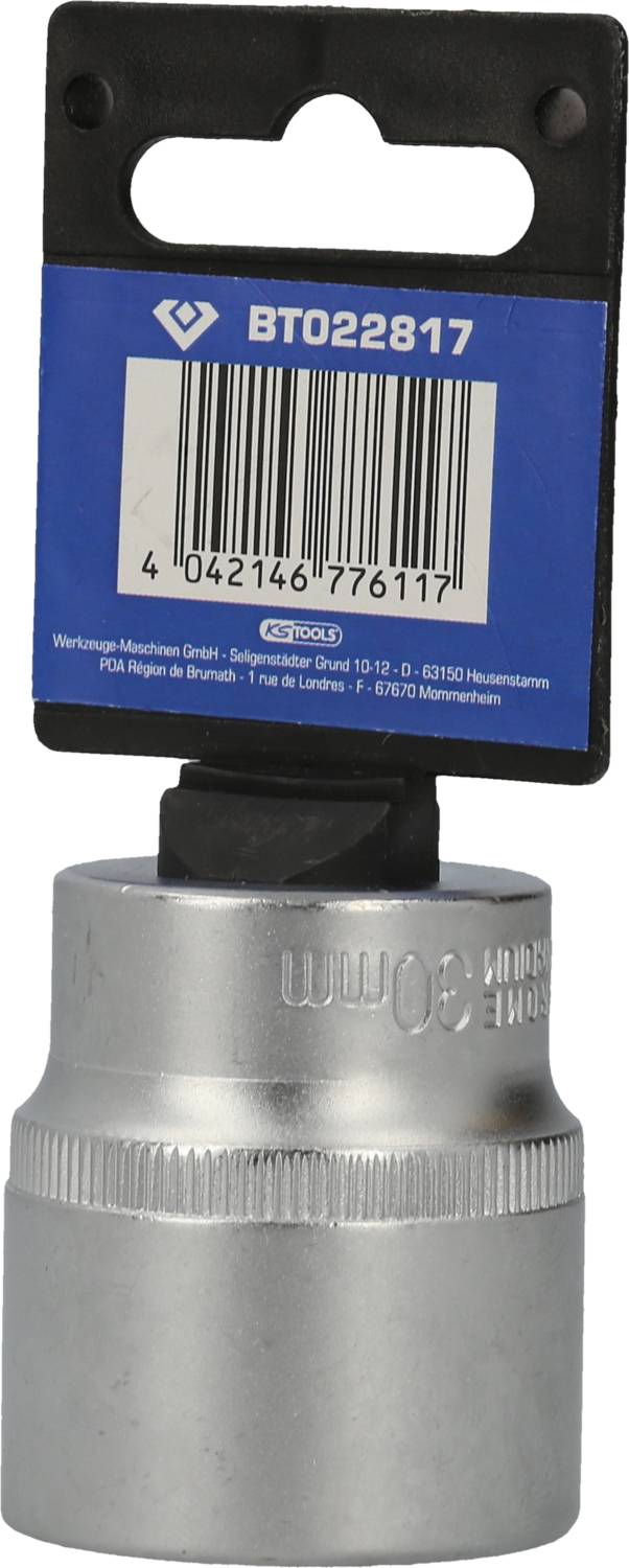 Steckschlüsselnuss aus Metall mit 30 mm Durchmesser, befestigt an einer Halterung zur Präsentation im Laden.