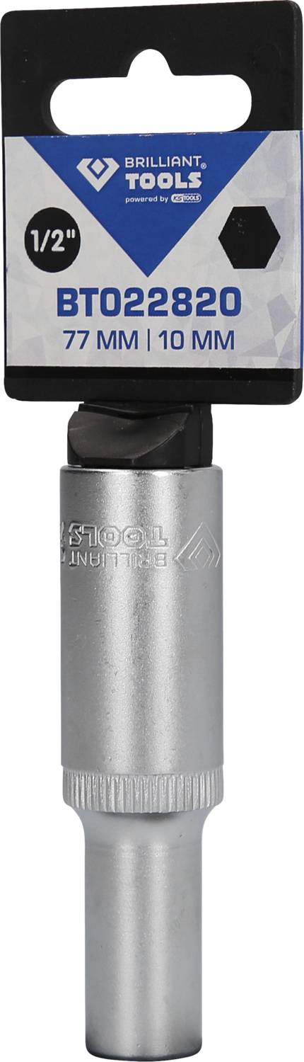 Stecknuss 'Brilliant Tools BT022820', 1/2 Zoll, Länge 77 mm, Schlüsselweite 10 mm, in silberner Farbe mit Etikett.