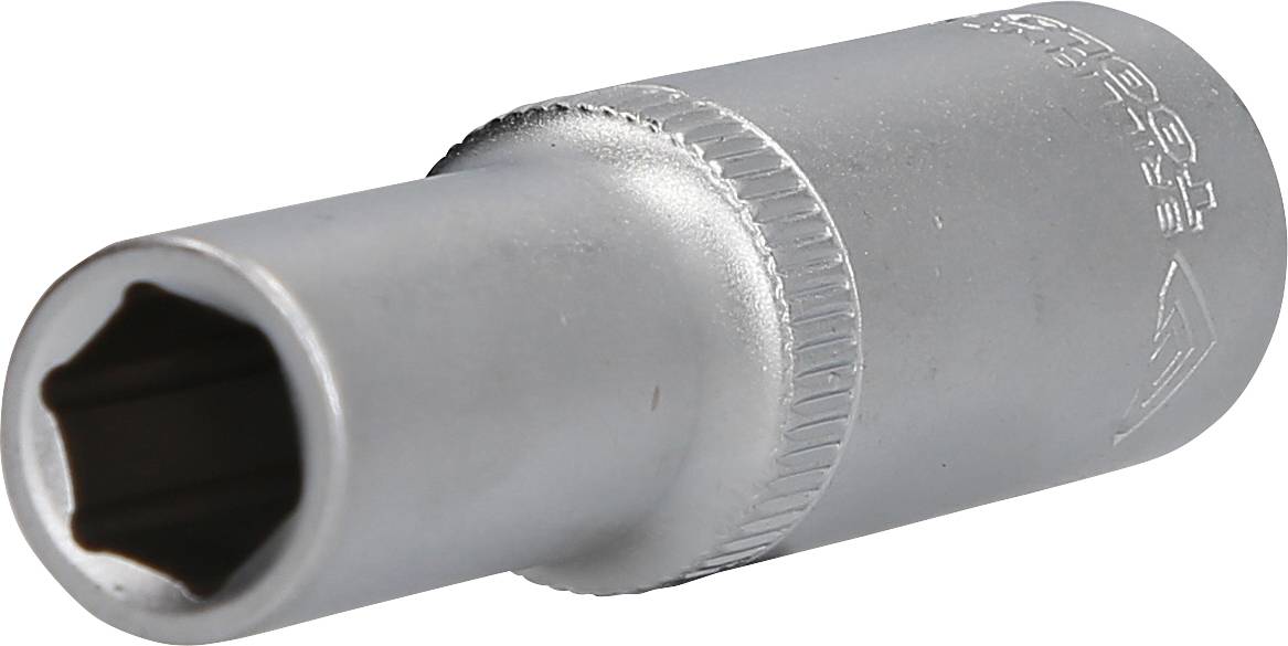 Ein silberner Steckschlüsselaufsatz mit einer gerändelten Kante, geeignet für handbetätigte Werkzeuge.