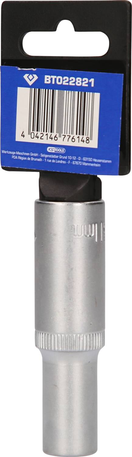 Silverfarbene Verlängerung für Ratschen oder Schraubenschlüssel, aufrecht stehend, mit schwarzem und blauem Etikett oben.