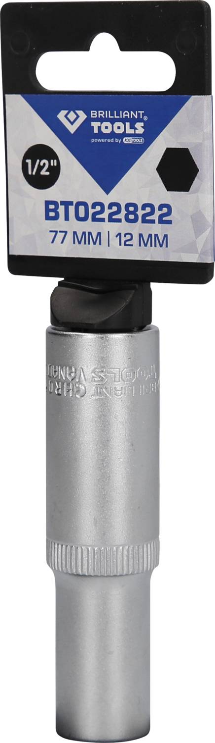 Stecknuss 12 mm, 77 mm Länge, von Brilliant Tools, Sechskantantrieb, 1/2 Zoll, in silberner Farbe. Verpackung zeigt Produktdetails.