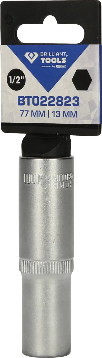 Silberne Sechskant-Stecknuss, 1/2 Zoll, 77 mm Länge, 13 mm Größe, von Brilliant Tools, Artikelnummer BT022823, in Verpackung.
