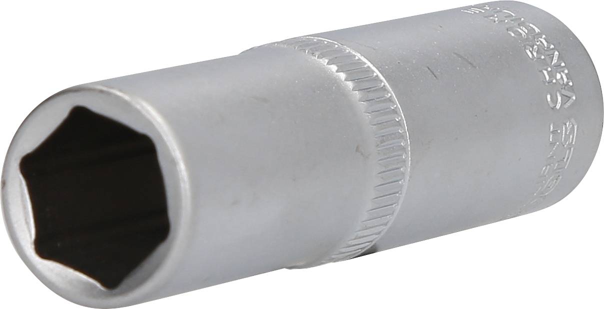 Metall-Stecknuss in silberner Farbe, zylinderförmig mit sechseckiger Öffnung. Verwendet für Schrauben und Muttern.