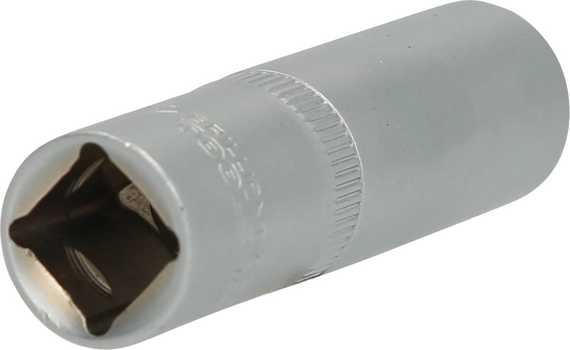 Ein silberner Sechskant-Steckschlüssel mit quadratischer Öffnung, zur Verwendung mit einem Drehmomentschlüssel oder Ratsche.
