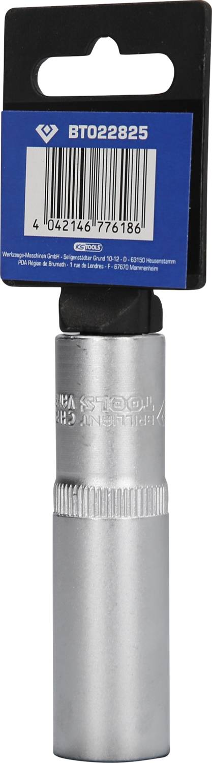 Silberfarbiges, röhrenförmiges Werkzeug mit einem blauen Etikett oben, das eine Artikelnummer und einen Barcode zeigt.