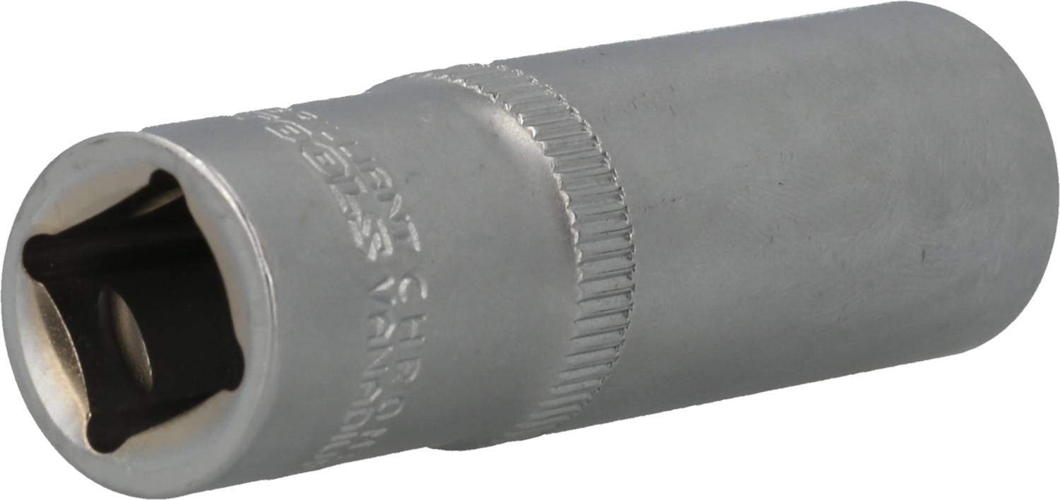 Eine sechskantige Stecknuss aus Metall, verwendet für Schraubarbeiten. Sie hat eine geriffelte Oberfläche zur besseren Handhabung.